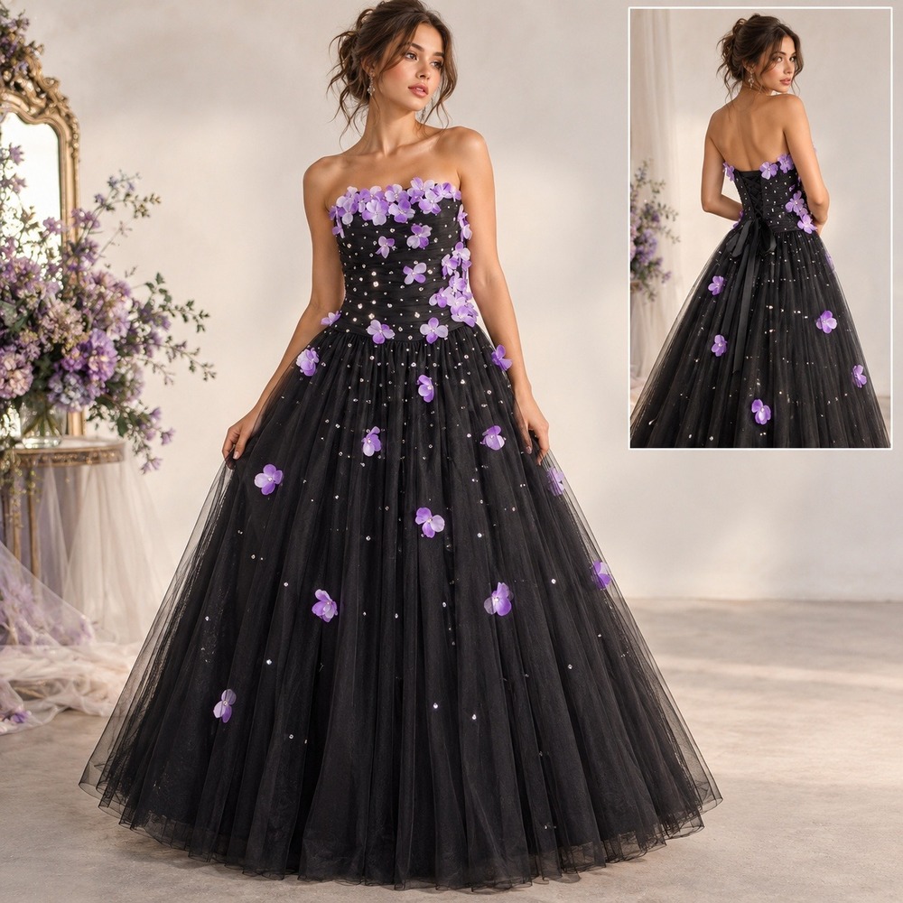 Izilady Black Tulle Corset Ball Gown Purple 3D Flower Rhinestone Prom Dress 10